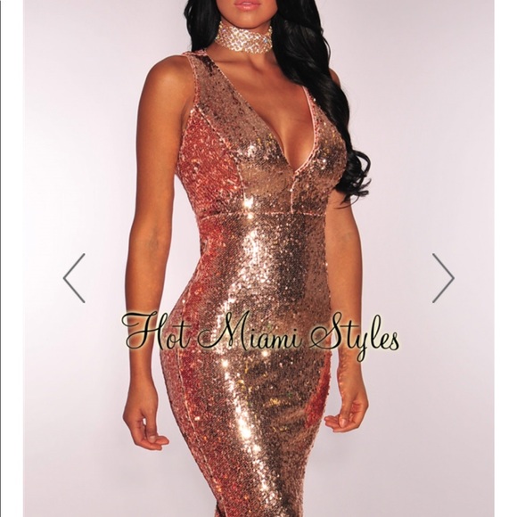 Rose Gold Liquid Sequins Key Hole Back Dress